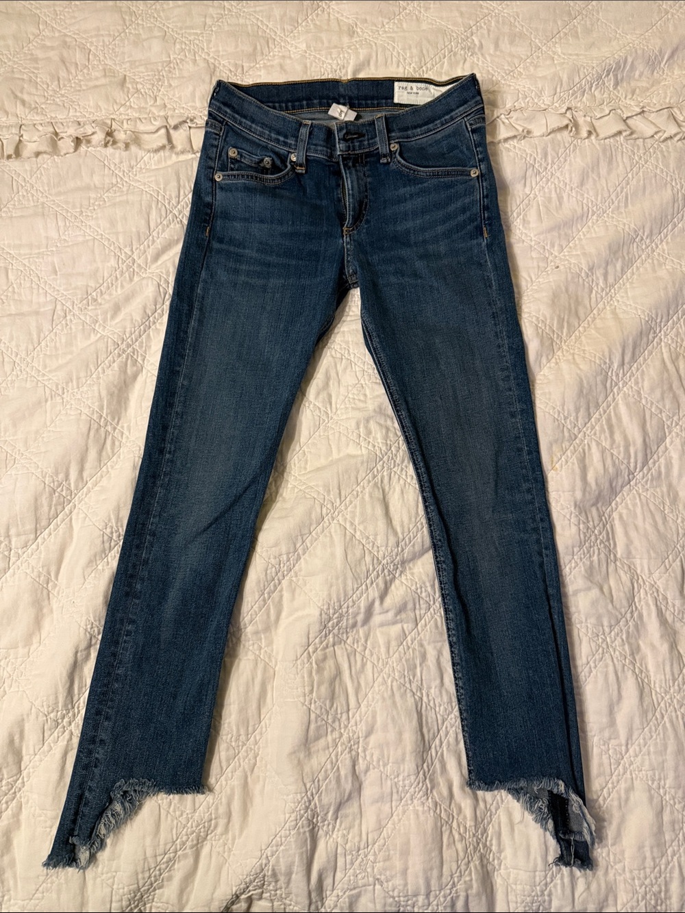 rag & bone Dark Blue Ankle Skinny Jeans with Frayed Asymmetric Hem